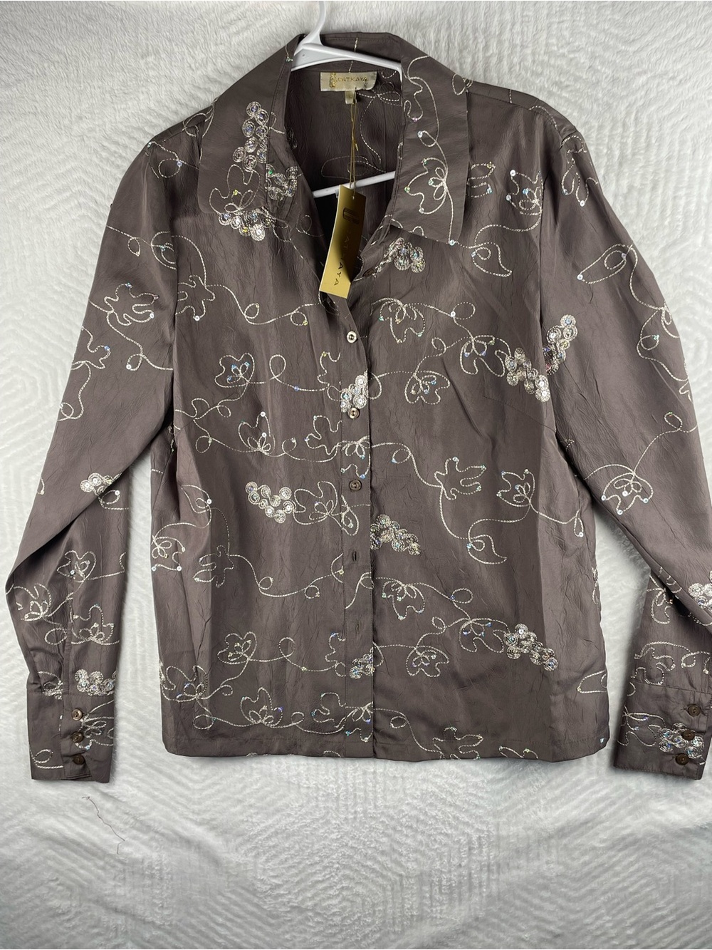 Embellished Floral Button-down blouse in Taupe